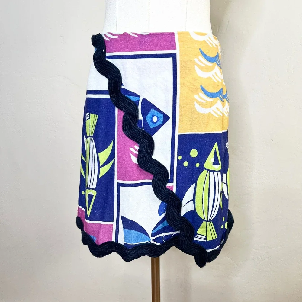 Anthropologie Celandine Mini Skirt Fish Print XS Colorful Linen Blend Ric Rac